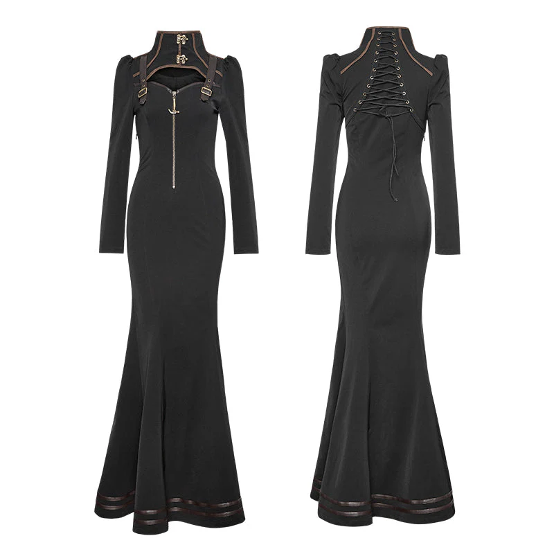 Q-330 Gorgeous Woven Slim black Punk Dress With Eyelet Drawstring - Image 4