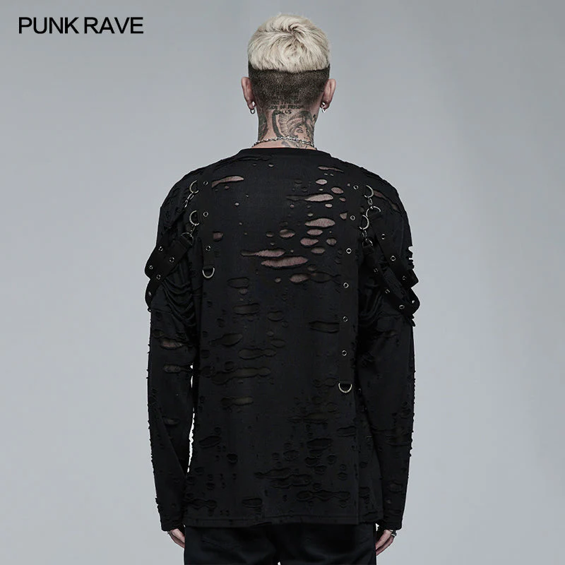 WT-711TCM Goth Daily Wear Knited Broken Holes Long Sleeve T-shirt - Image 3