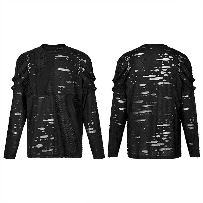 WT-711TCM Goth Daily Wear Knited Broken Holes Long Sleeve T-shirt - Image 4