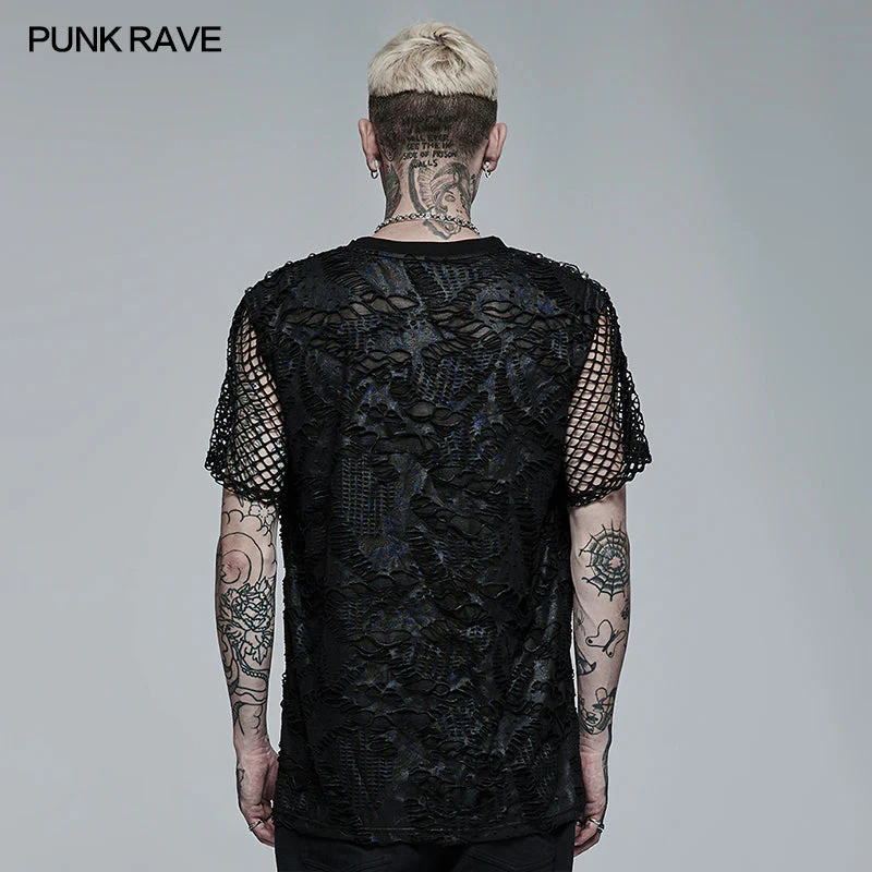 WT-703TDM Goth Daily Wear Knited Broken Holes Short Sleeve T-shirt - Image 3