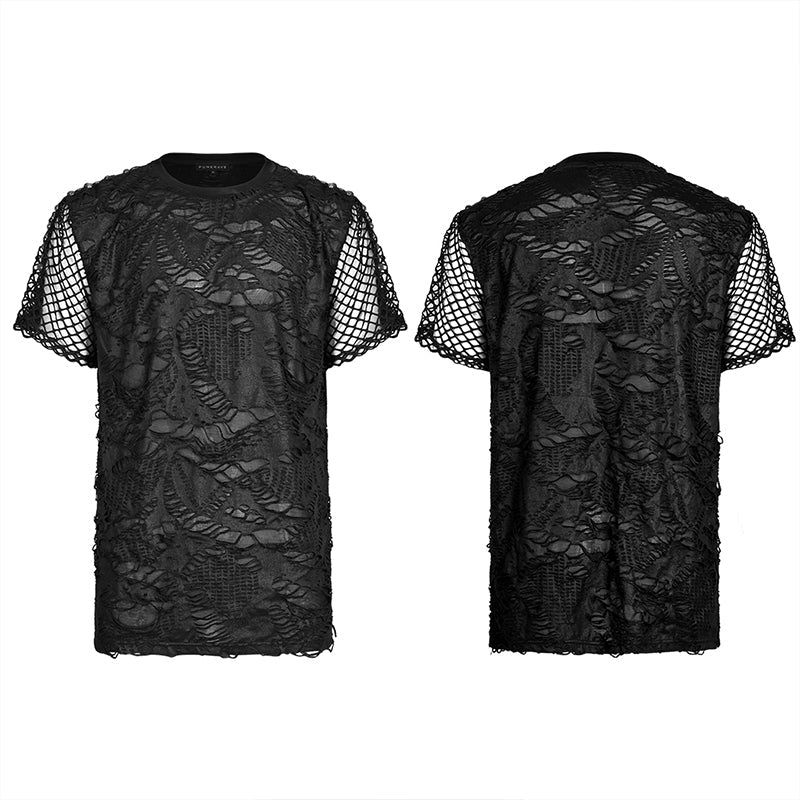 WT-703TDM Goth Daily Wear Knited Broken Holes Short Sleeve T-shirt - Image 4