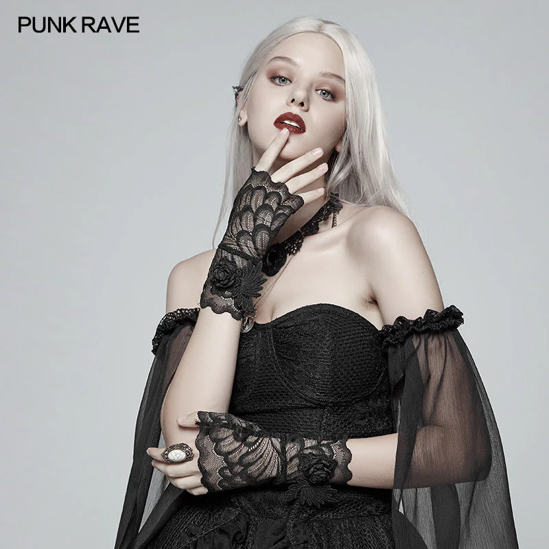 WS-285 Gothic black Lace Tulle Glove - One Pair - Image 2