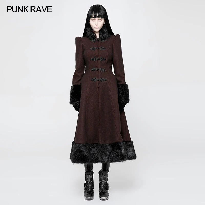 OY-893 Gothic black-Red Woolen Long Winter Coat Decorated With Imitation Fur