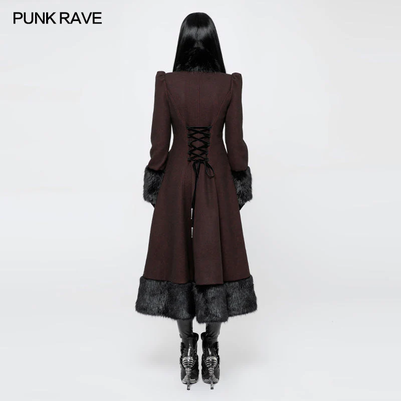 OY-893 Gothic black-Red Woolen Long Winter Coat Decorated With Imitation Fur - Image 2