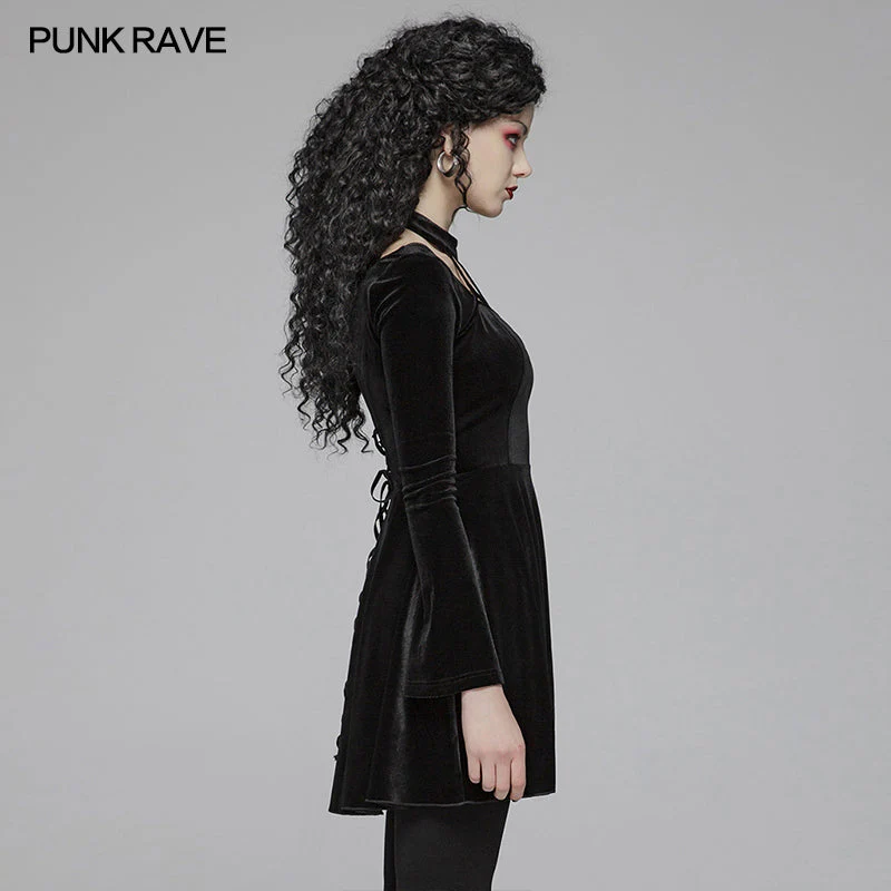 OQ-410LQF Gothic Daily Cross Halter-Neck Long Sleeve Velvet Short Dress For Women - Image 2