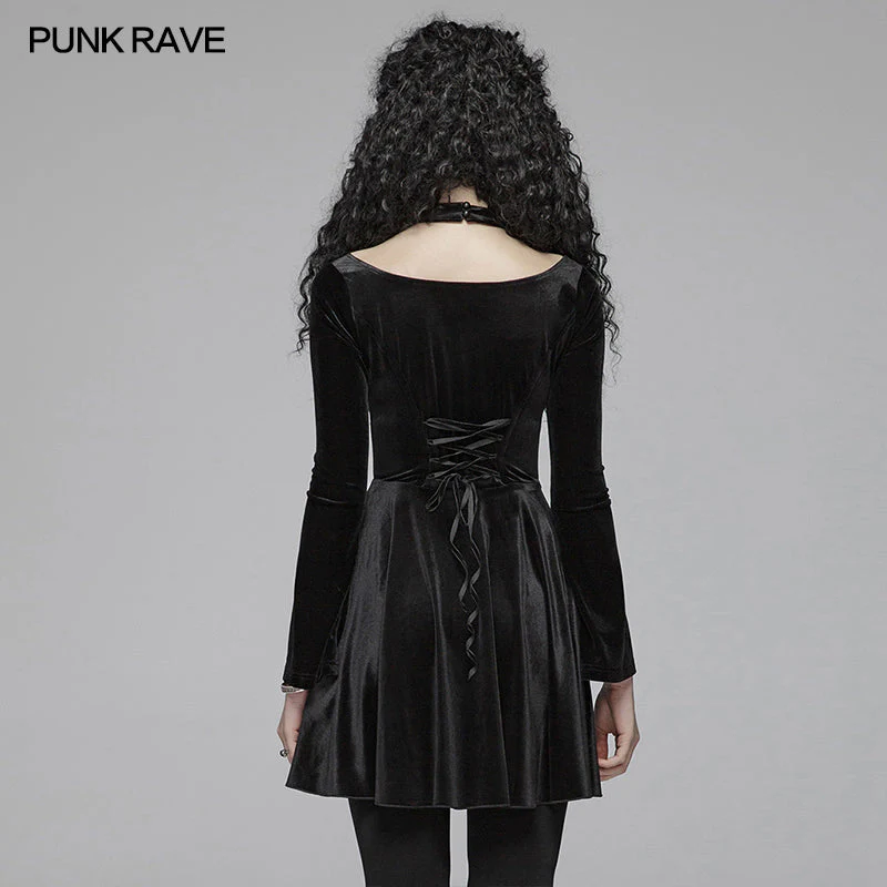 OQ-410LQF Gothic Daily Cross Halter-Neck Long Sleeve Velvet Short Dress For Women - Image 3