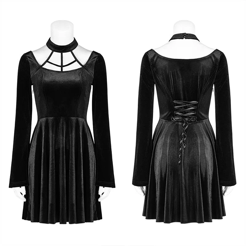 OQ-410LQF Gothic Daily Cross Halter-Neck Long Sleeve Velvet Short Dress For Women - Image 4
