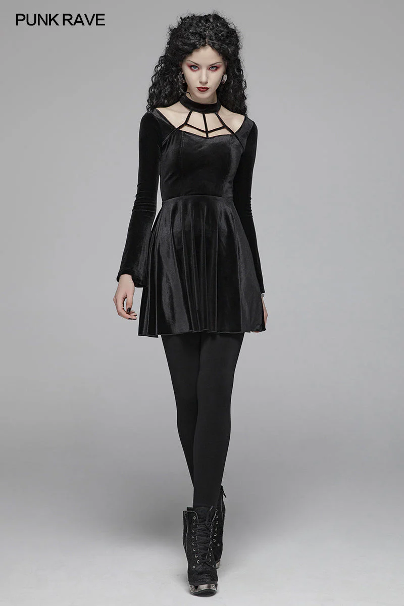 OQ-410LQF Gothic Daily Cross Halter-Neck Long Sleeve Velvet Short Dress For Women - Image 6