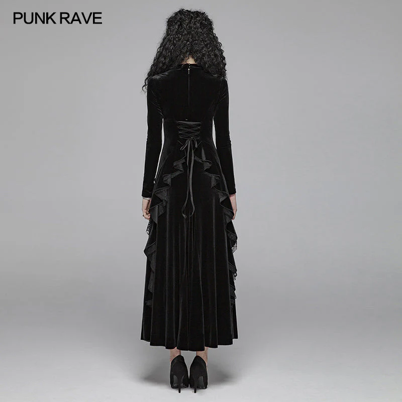OQ-417 Gothic Daily Women Long Sleeve Velvet High-low Long Dress With Lace - Image 3