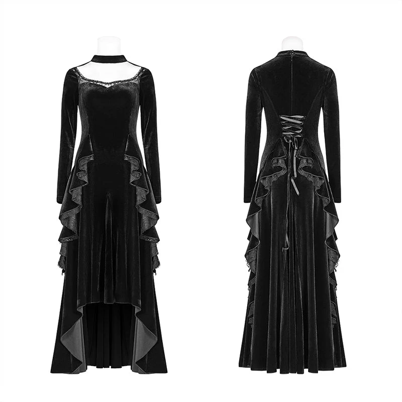 OQ-417 Gothic Daily Women Long Sleeve Velvet High-low Long Dress With Lace - Image 4