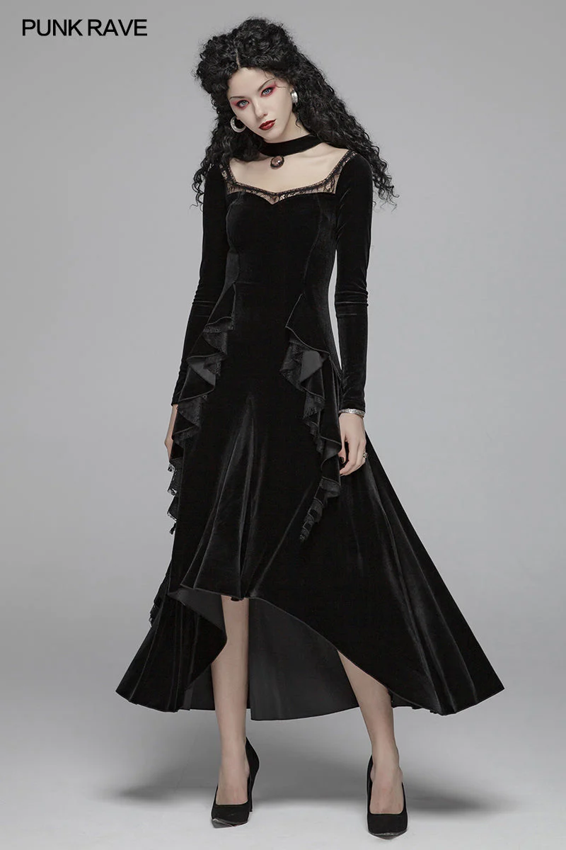 OQ-417 Gothic Daily Women Long Sleeve Velvet High-low Long Dress With Lace - Image 6