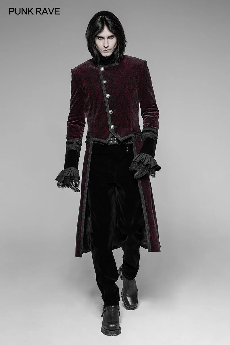 WY-942 Gothic Dark Rose Printed Velvet Swallowtail Coat Jacket - Image 6