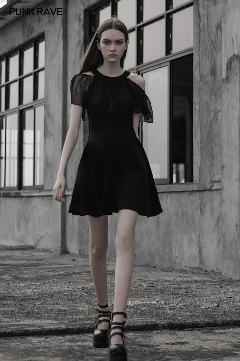 OPQ-307 Gothic Elegant black Chiffon Silk Dress For Women - Image 3