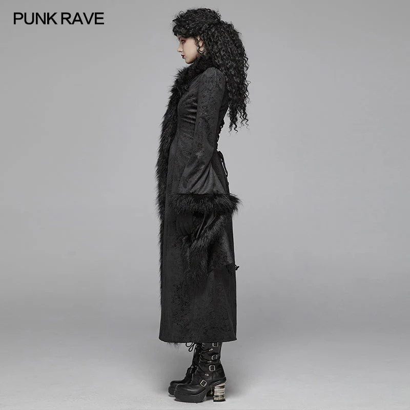 WY-1036 Gothic Gorgeous Fur High Collar Jacquard Long Coat - Image 2
