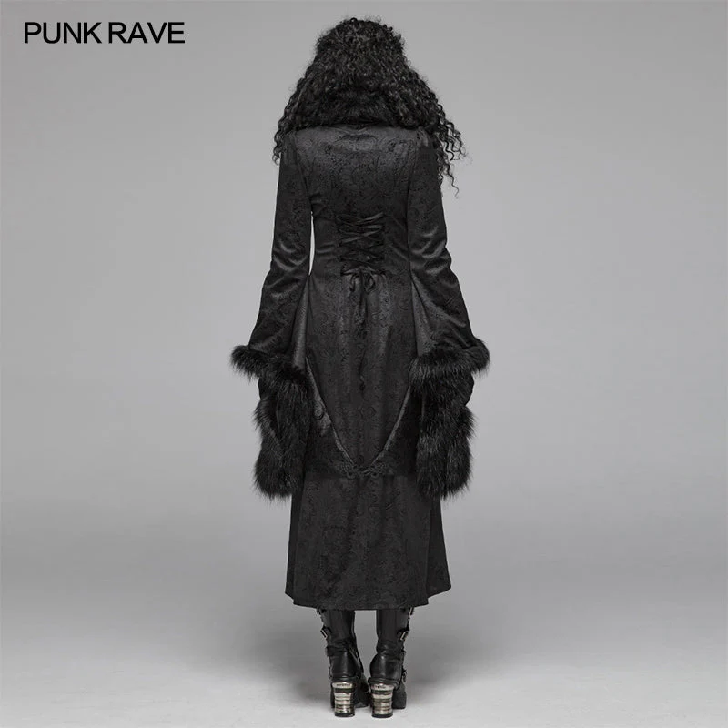 WY-1036 Gothic Gorgeous Fur High Collar Jacquard Long Coat - Image 3