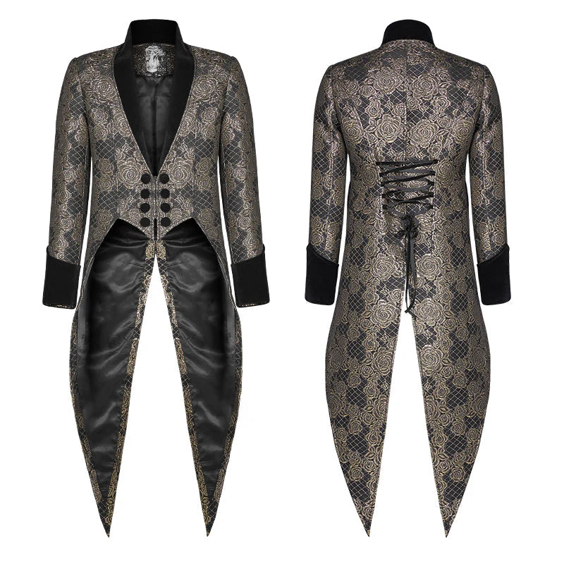 WY-1011 Gothic Medium Length Jacquard Jacket Lace-up Back Tailcoat - Image 10