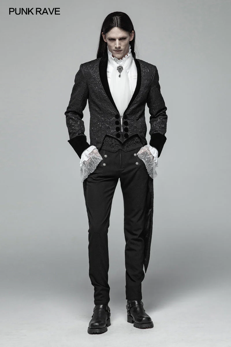 WY-1011 Gothic Medium Length Jacquard Jacket Lace-up Back Tailcoat - Image 6
