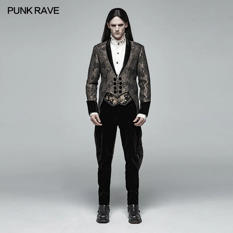 WY-1011 Gothic Medium Length Jacquard Jacket Lace-up Back Tailcoat - Image 7