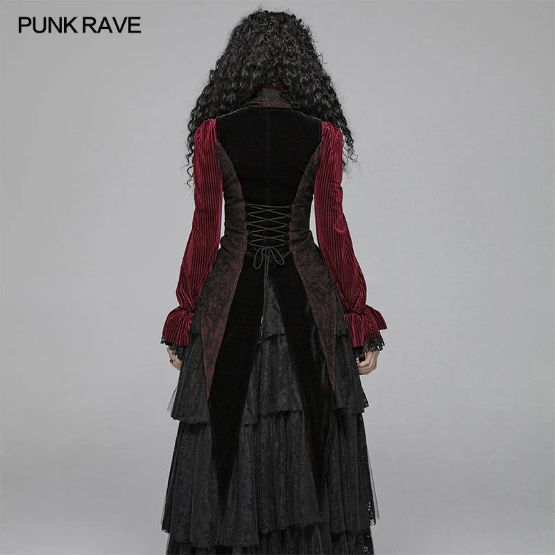 WY-1055 Gothic Red And black Tuxedo Vest V-neck Tailcoat For Women - Image 3