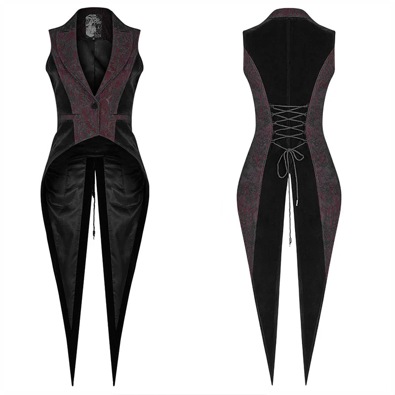 WY-1055 Gothic Red And black Tuxedo Vest V-neck Tailcoat For Women - Image 4