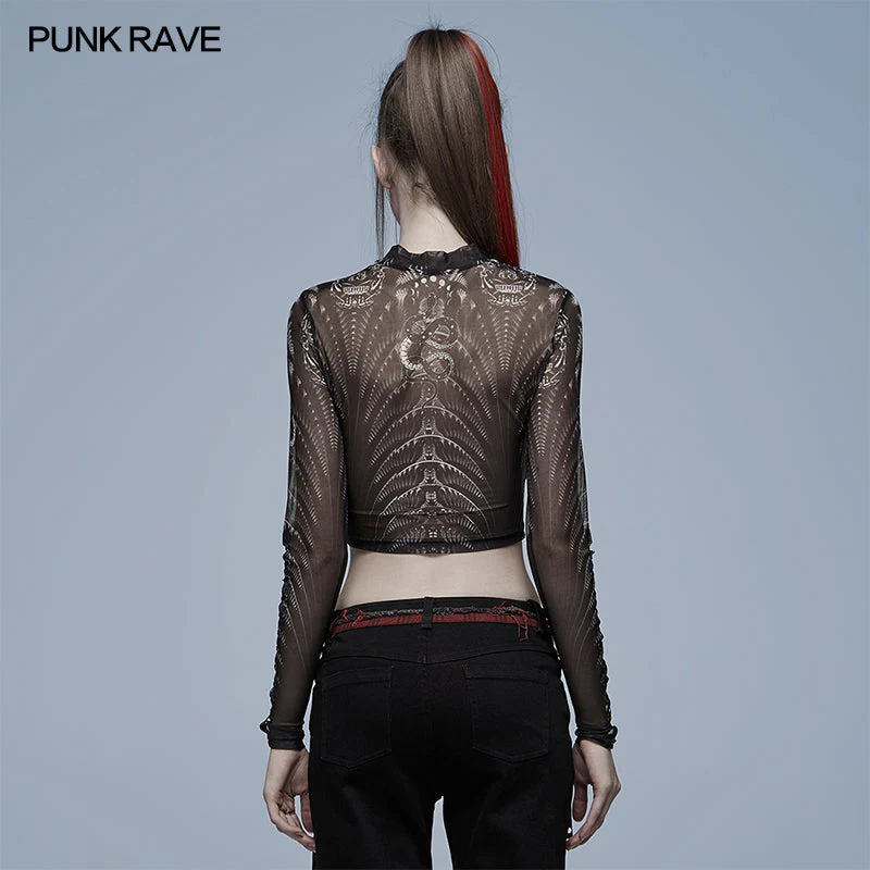 WT-699DQF Gothic skeleton print mesh T-shirt - Image 3