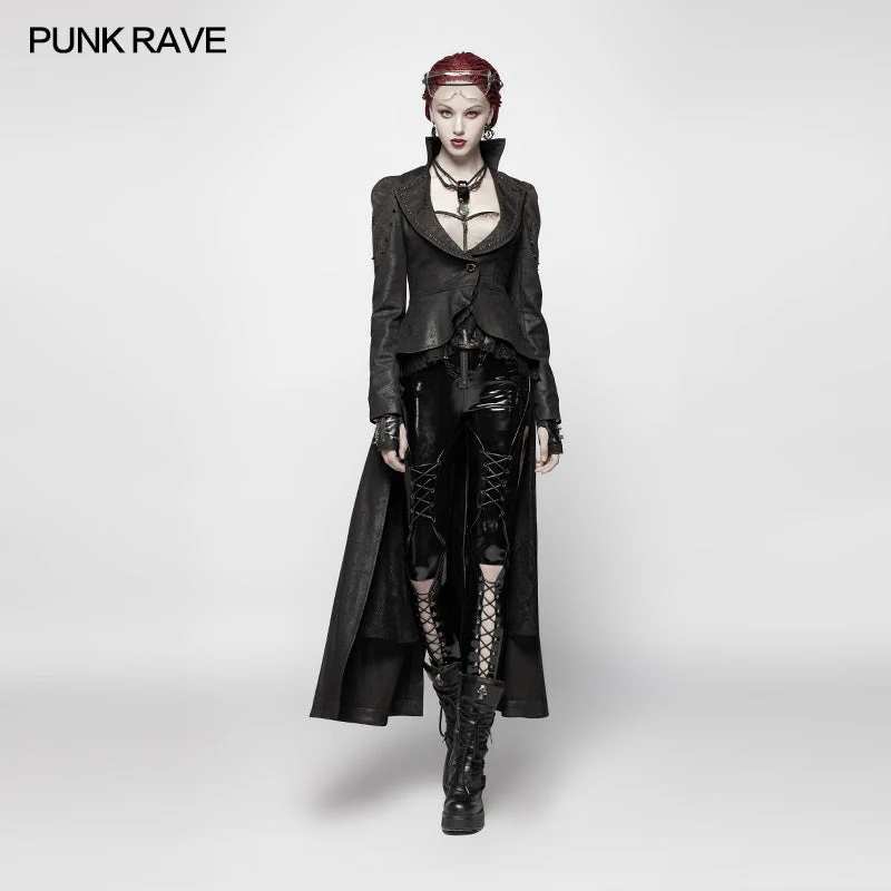 WY-957 Gothic Stand/Lapel Collar Dark High-low Coat