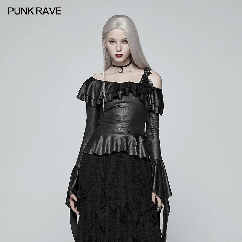 WT-550 Gothic Stretch Dark Pattern Asymmetric Collar Top With Ruffle Cuff