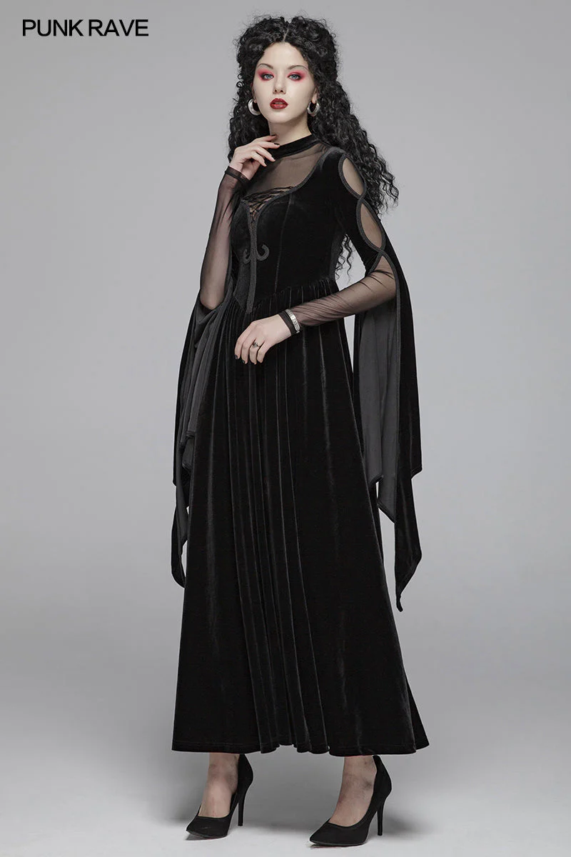 WQ-406 Gothic Women Double Layer Sleeve Long Velvet Dress - Image 6
