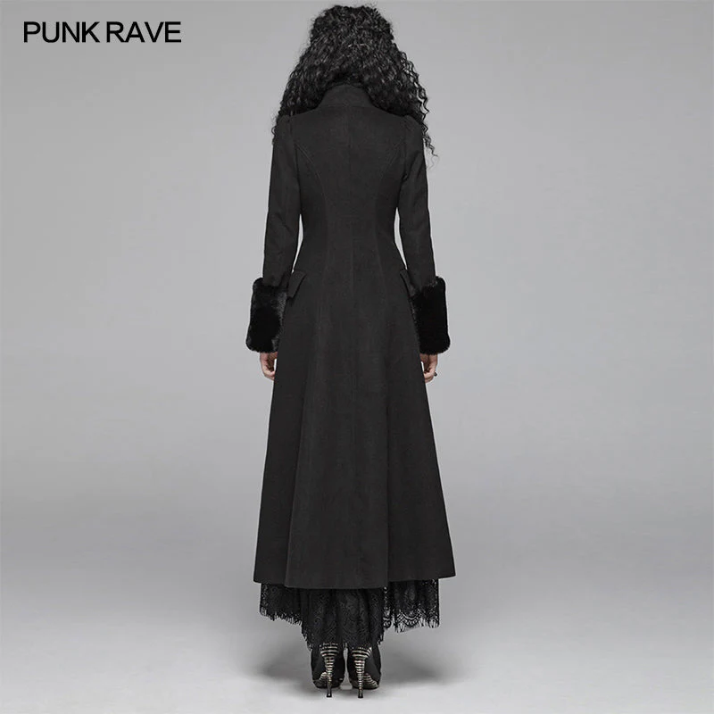WY-1040 Gothic Women Gorgeous V-neck Long Coat With Detachable Imitation Wool Cuffs - Image 3