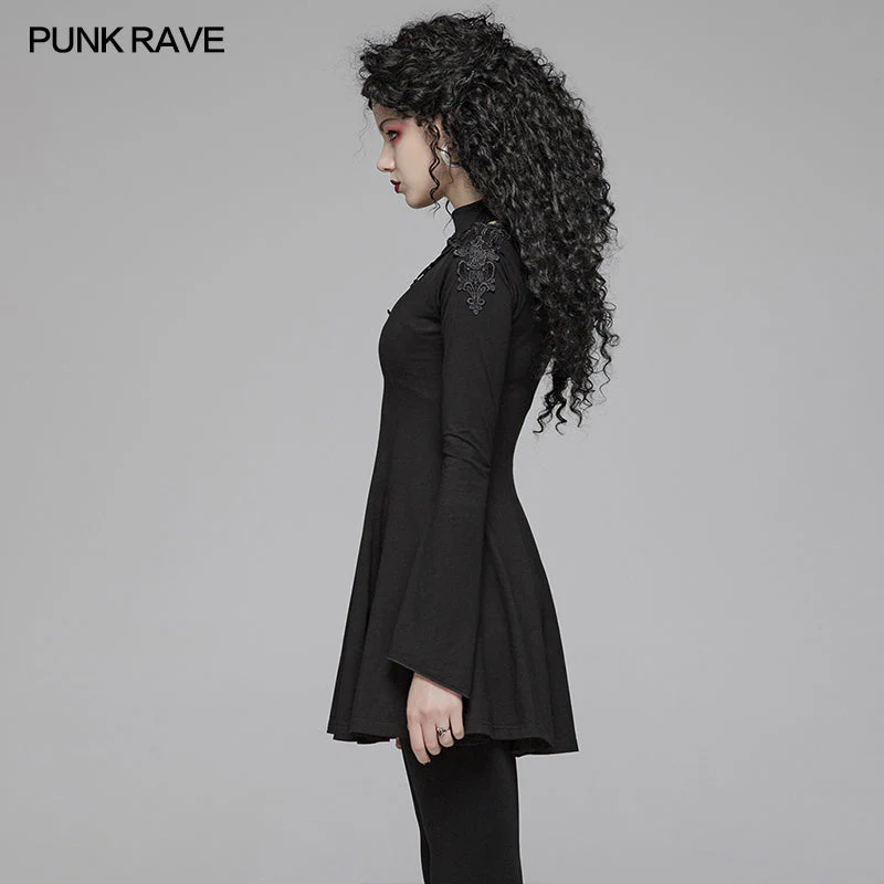 WQ-412 Gothic Women Hollow-out Collar Long Sleeve High Neck A-line Short Dress - Image 2