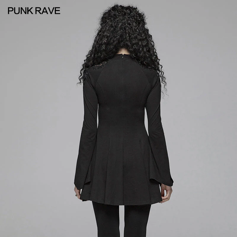 WQ-412 Gothic Women Hollow-out Collar Long Sleeve High Neck A-line Short Dress - Image 3
