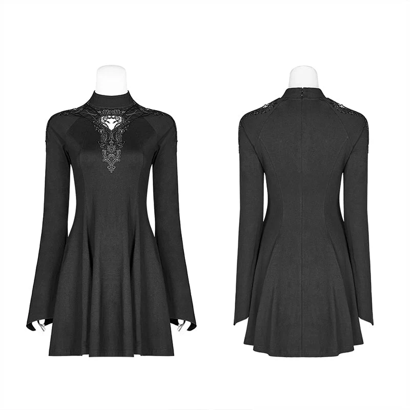 WQ-412 Gothic Women Hollow-out Collar Long Sleeve High Neck A-line Short Dress - Image 4