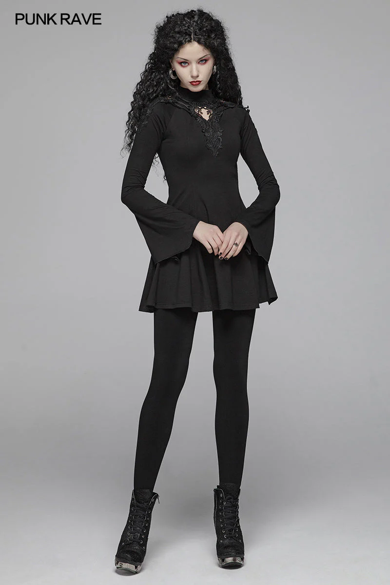 WQ-412 Gothic Women Hollow-out Collar Long Sleeve High Neck A-line Short Dress - Image 6