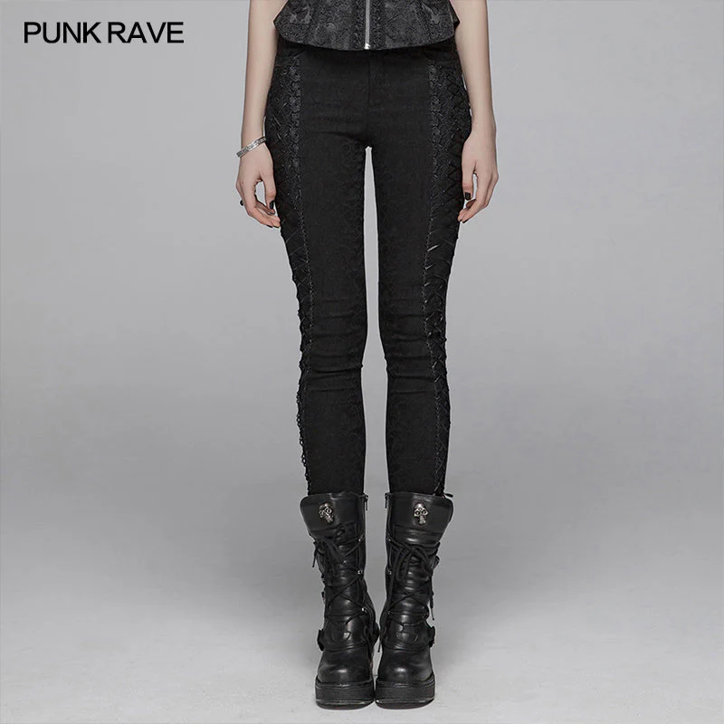 WK-376 Gothic Women Jacquard Long Trousers With Cross Sides