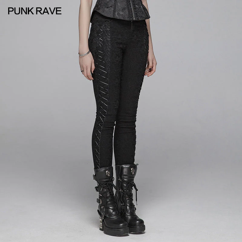 WK-376 Gothic Women Jacquard Long Trousers With Cross Sides - Image 2