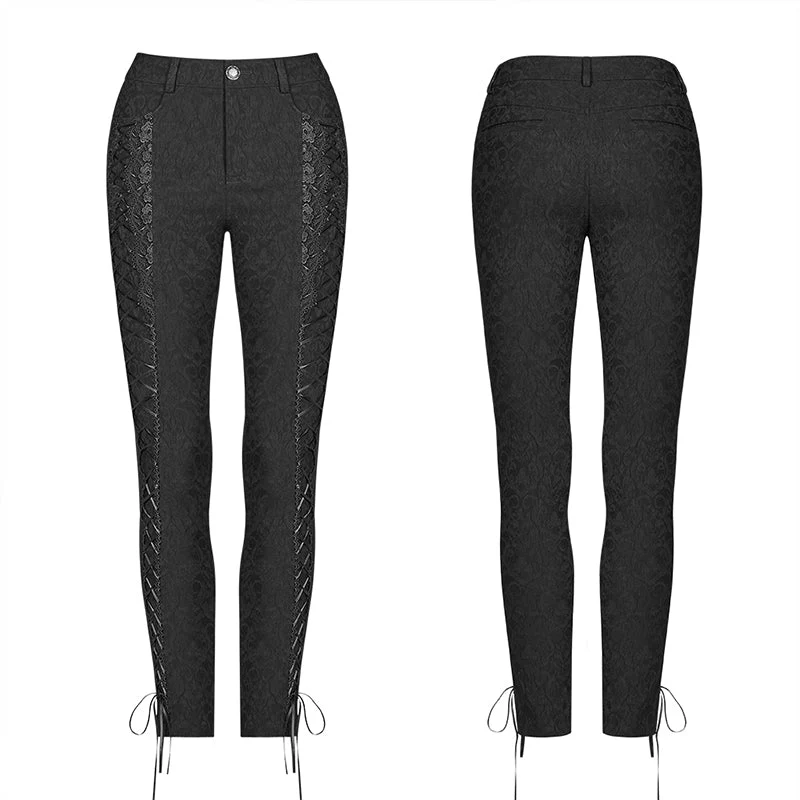 WK-376 Gothic Women Jacquard Long Trousers With Cross Sides - Image 4