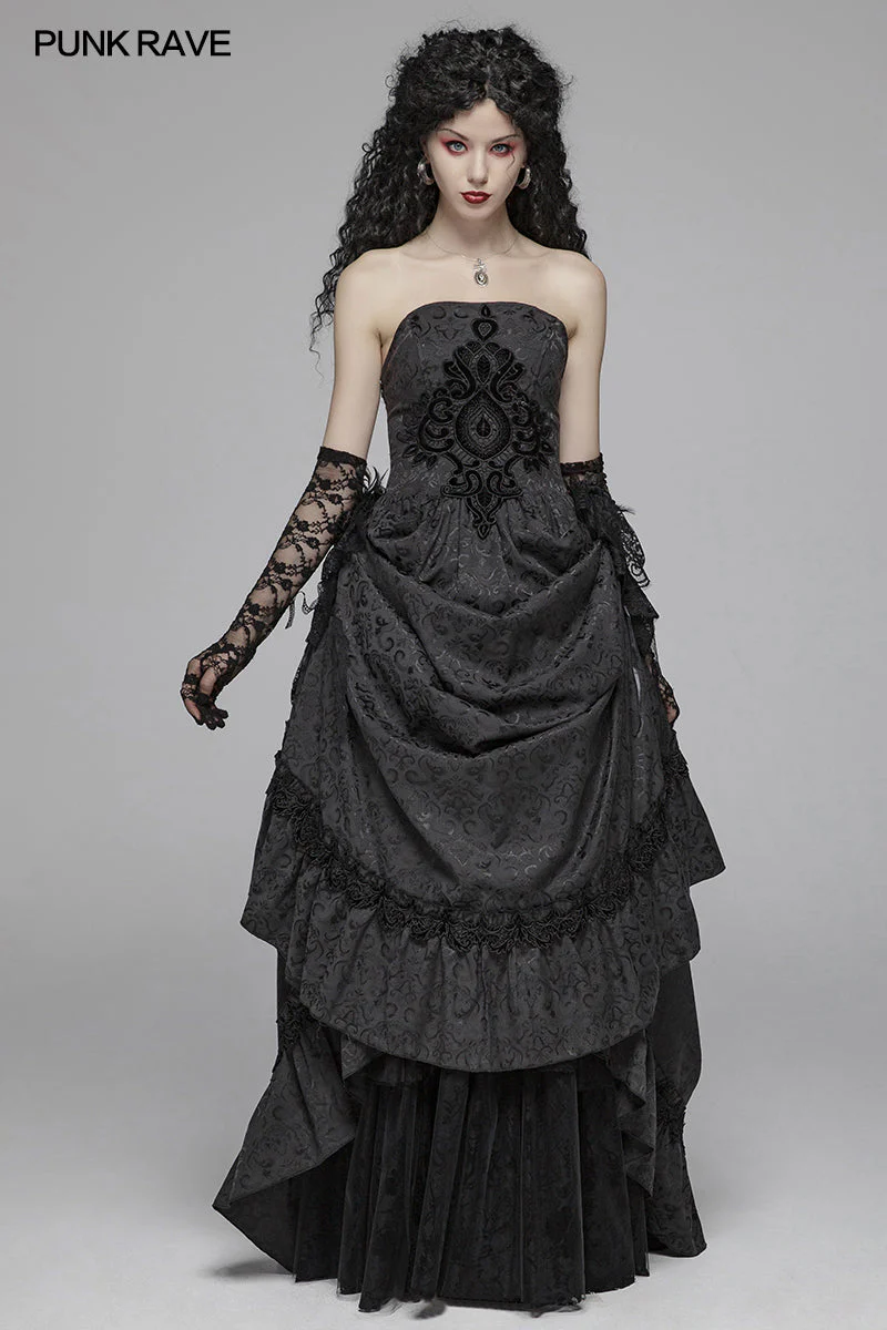 WQ-420 Gothic Women Tube Jacquard Long Skirt Lace-up Ball Gown Dress - Image 6