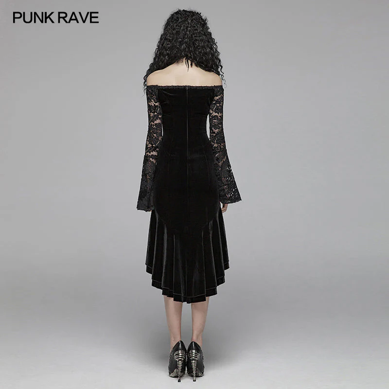 WQ-418 Gothic Women Velvet Long Sleeve High-low Lace Dress - Image 3