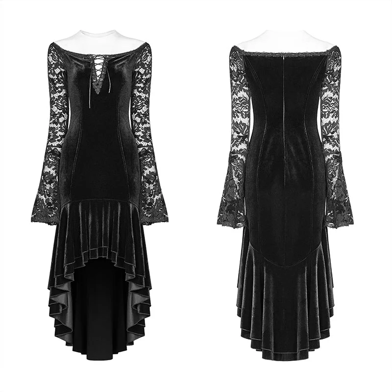 WQ-418 Gothic Women Velvet Long Sleeve High-low Lace Dress - Image 4