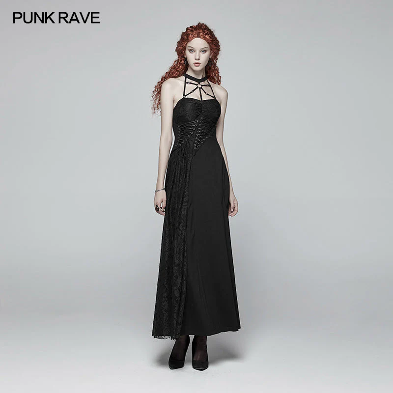OQ-395 Gothic Womens Cross Halter Neck Daily Wear Dress