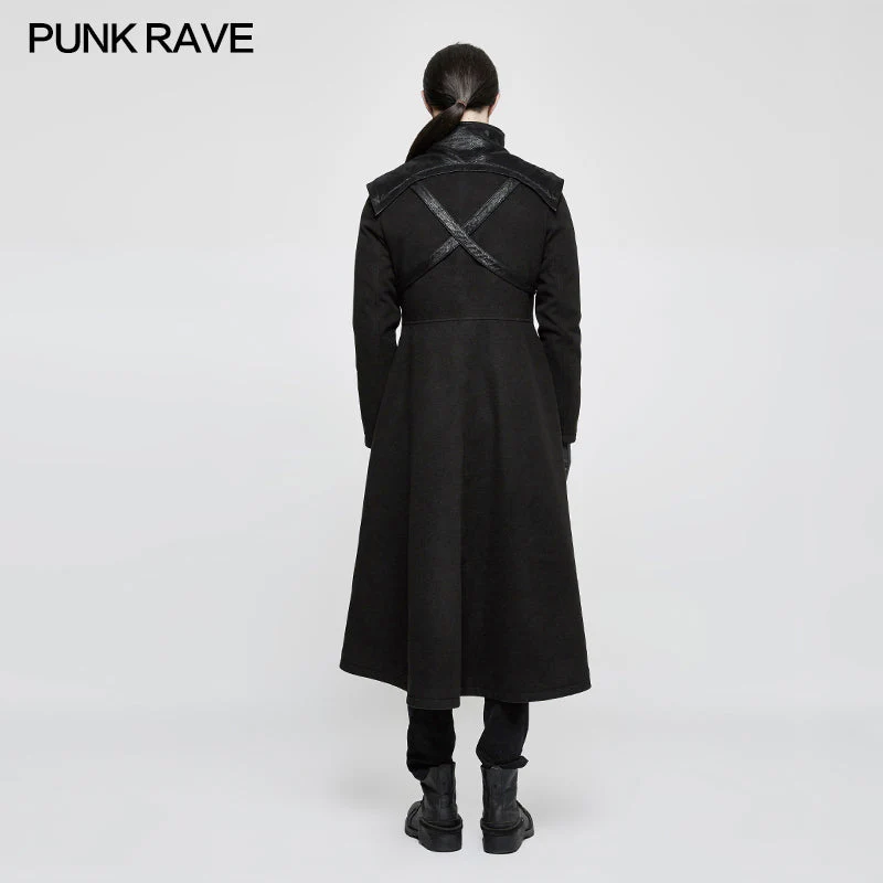 Y-777 Handsome Dark Medium Long Punk Coat With Cross On Back - Image 2
