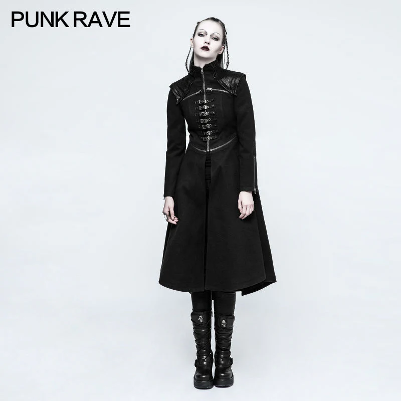 Y-777 Handsome Long black Punk Coat For Women Worsted Fabric Dress