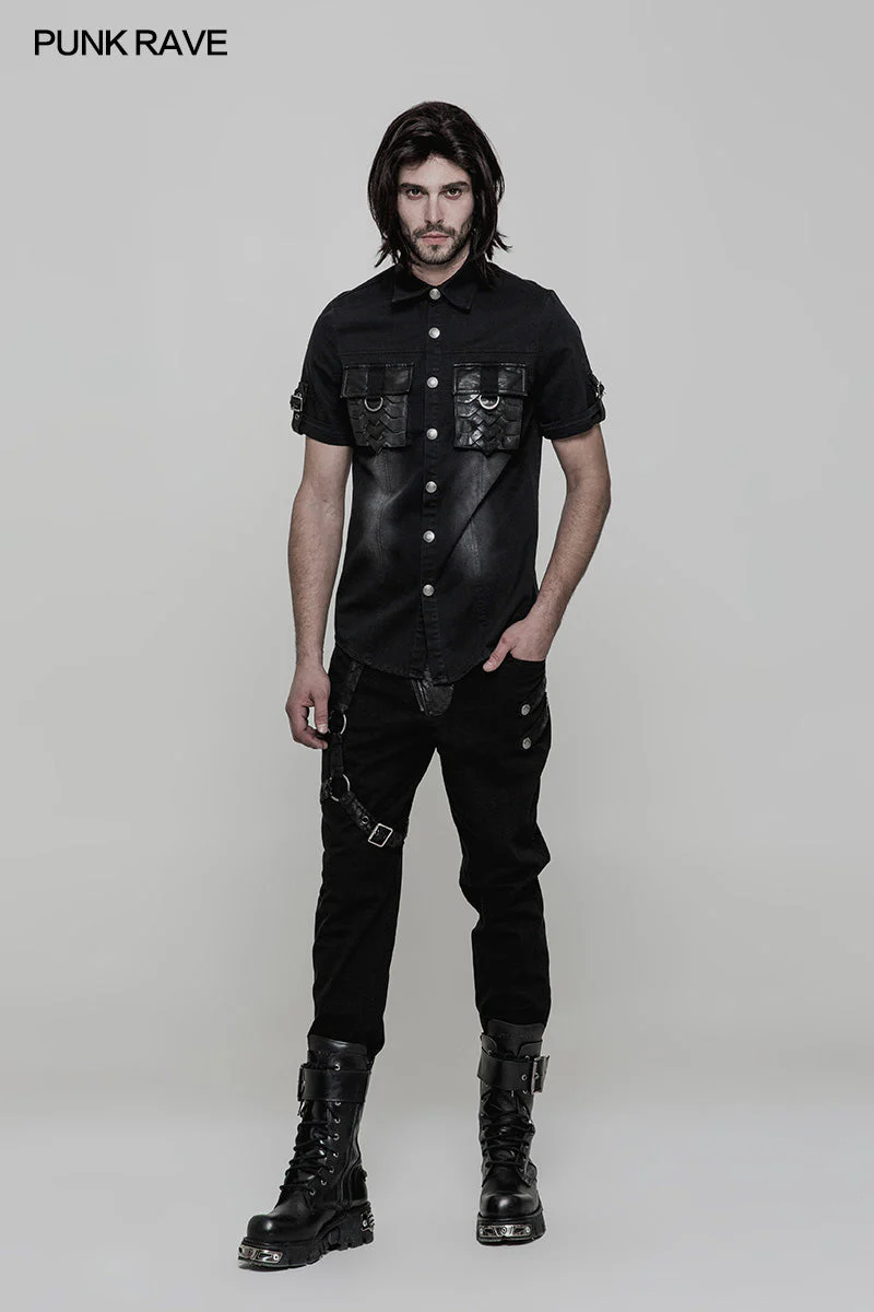 WY-861 Handsome Short Sleeve Punk Shirt With Pleated Pockets - Image 6