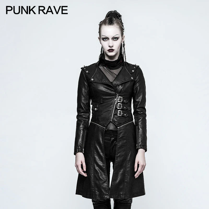 Y-787 Handsome Stand-collar Long Leather Punk Coat For Women