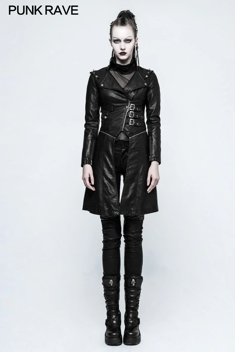 Y-787 Handsome Stand-collar Long Leather Punk Coat For Women - Image 6