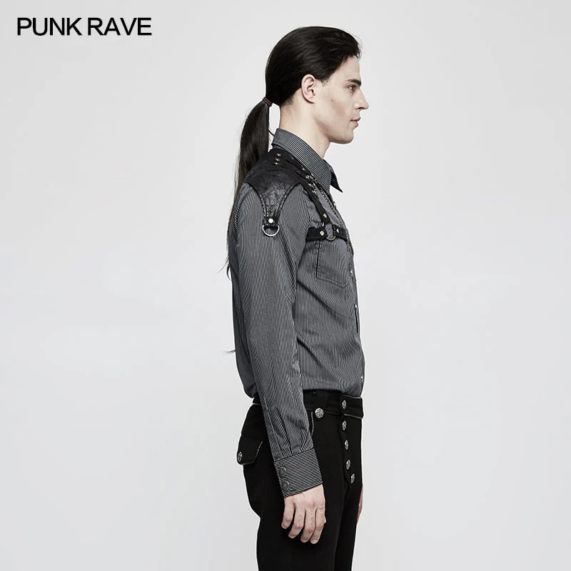 Y-819 Handsome Striped Punk Shirt With Free Hanging Metal Chain - Image 2