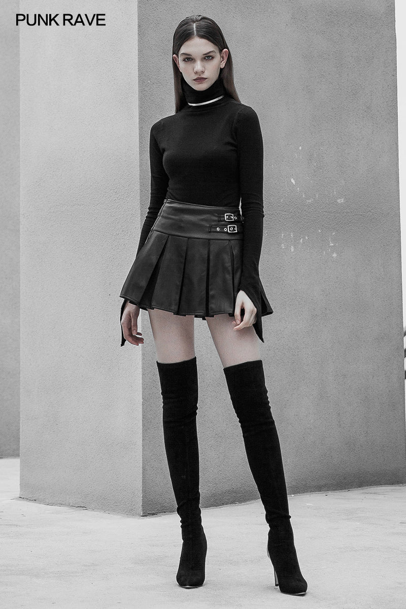 OPQ-439BQF High Waist Metal Buckle Decorative Pleated PU Half Skirt - Image 5
