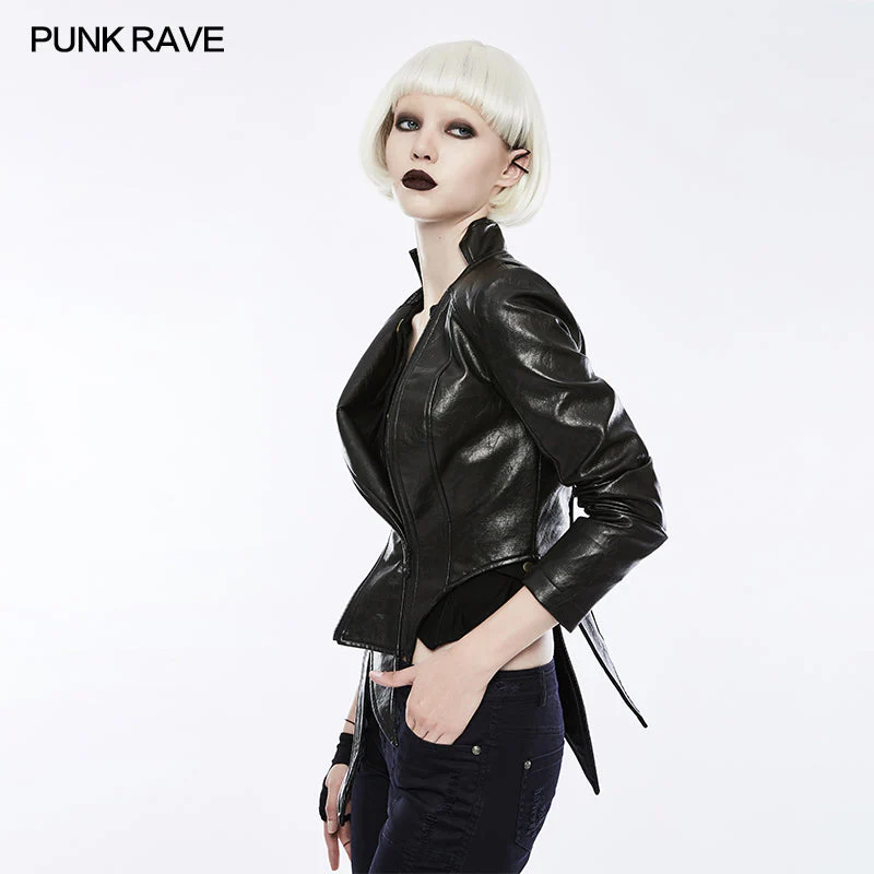 OPY-253 Irregular Shaped Bright Leather Punk Jacket With Stand Collar - Image 2
