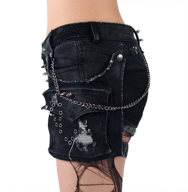 K-127 Edgy Distressed black Denim Shorts with Chains and Studs FALSE - Image 11