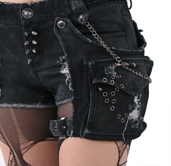 K-127 Edgy Distressed black Denim Shorts with Chains and Studs FALSE - Image 12